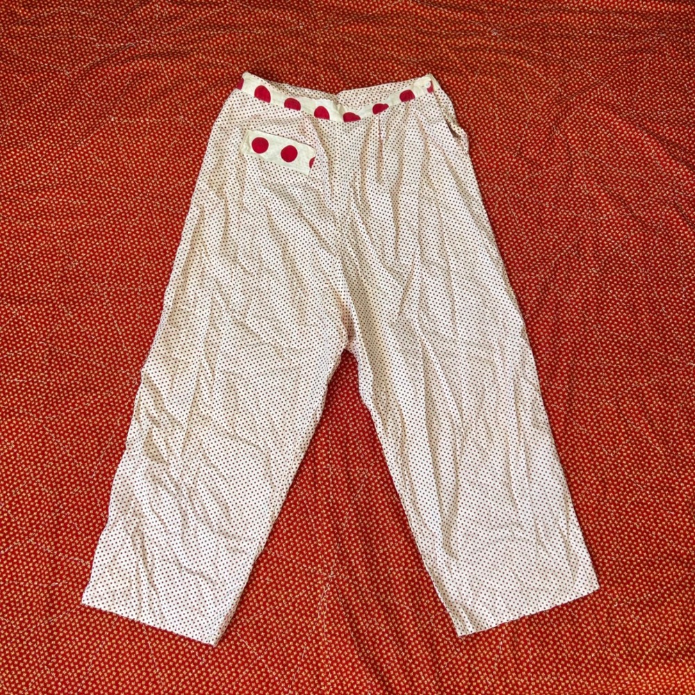 Antique 1940s Polka Dot Wide Leg side button cotton Pants Red White High Waist